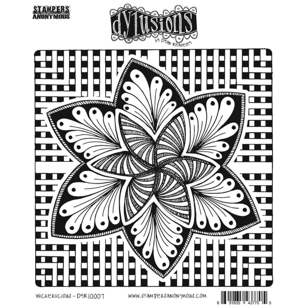 Wickerlicious ... rubber stamp set - Dylusions by Dyan Reaveley (DYR10007). 4 (four) designs in one for use in mixed media, art journaling, stamping on fabrics, papercrafts, visual arts of all kinds. Three designs in one, precut and ready to go ... two 6-petal flowers (or stars, leaves, windmill spinners) and one square lattice border. The two flowers sit within the lattice - use as one whole stamp or print out each design separately, one at a time.