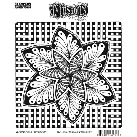 Wickerlicious ... rubber stamp set - Dylusions by Dyan Reaveley (DYR10007). 4 (four) designs in one for use in mixed media, art journaling, stamping on fabrics, papercrafts, visual arts of all kinds.  Three designs in one, precut and ready to go ... two 6-petal flowers (or stars, leaves, windmill spinners) and one square lattice border. The two flowers sit within the lattice - use as one whole stamp or print out each design separately, one at a time.