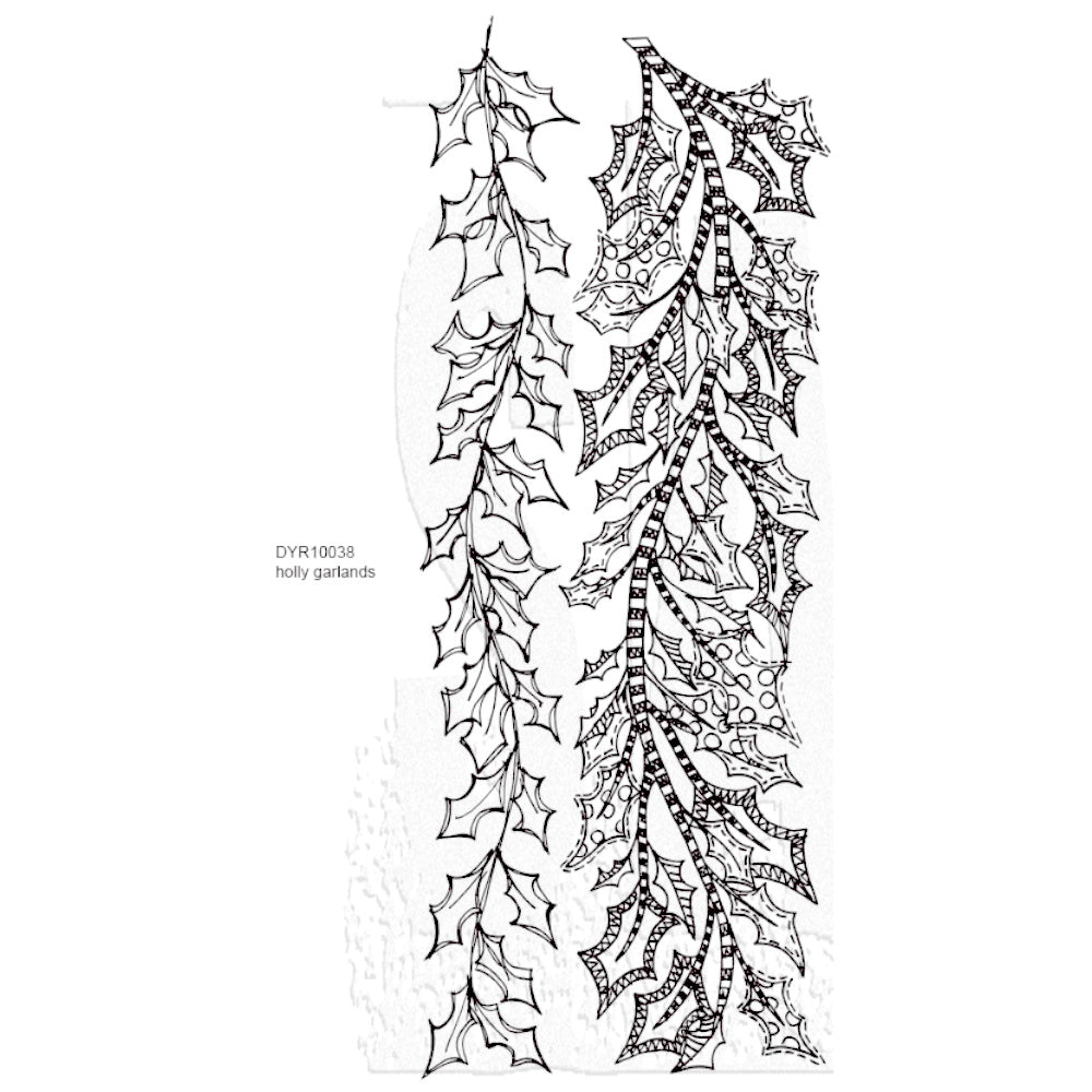 Holly Garlands ... Dylusions by Dyan Reaveley Long Stamp Set (DYR10038). Long decorative red rubber stamps made by Stampers Anonymous with cling foam backing. Perfect to use for mixed media, art journaling, scrapbooking, stamping on fabrics, using in papercrafts, for visual arts of all kinds. 2 (two) long designs, each approx 27cm long.