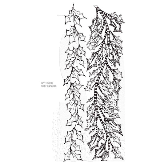 Holly Garlands ... Dylusions by Dyan Reaveley Long Stamp Set (DYR10038). Long decorative red rubber stamps made by Stampers Anonymous with cling foam backing. Perfect to use for mixed media, art journaling, scrapbooking, stamping on fabrics, using in papercrafts, for visual arts of all kinds. 2 (two) long designs, each approx 27cm long.