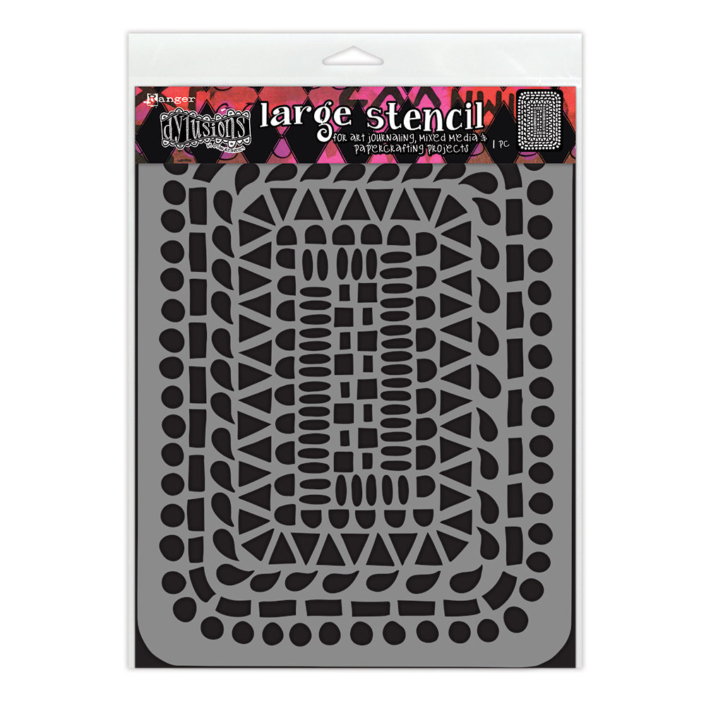 In The Frame - DYS94982 - Dyan Reaveley's Dylusions Large Stencil for creating art, doodling, tangling, and making patterns in mixed media, scrapbooking, journaling, junk-journals, planners, tags, cards, ATCs, index cards, memorydex cards, all kinds of collage decoupage and papercrafting enjoyment. Photo of the grey stencil with pink Dylusions banner, black shapes are the cutout design.