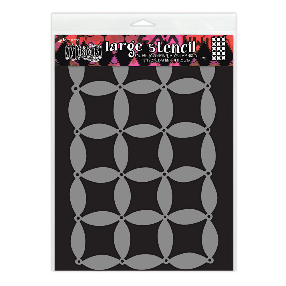 Outer Peace - DYS95002 - Dyan Reaveley's Dylusions Large Stencil for creating art, doodling, tangling, and making patterns in mixed media, scrapbooking, journaling, junk-journals, planners, tags, cards, ATCs, index cards, memorydex cards, all kinds of collage decoupage and papercrafting enjoyment. Photo of the grey stencil with pink Dylusions banner, black curved diamonds inside grey circles are the cutout design. This stencil and mask has scallop shaped edges.