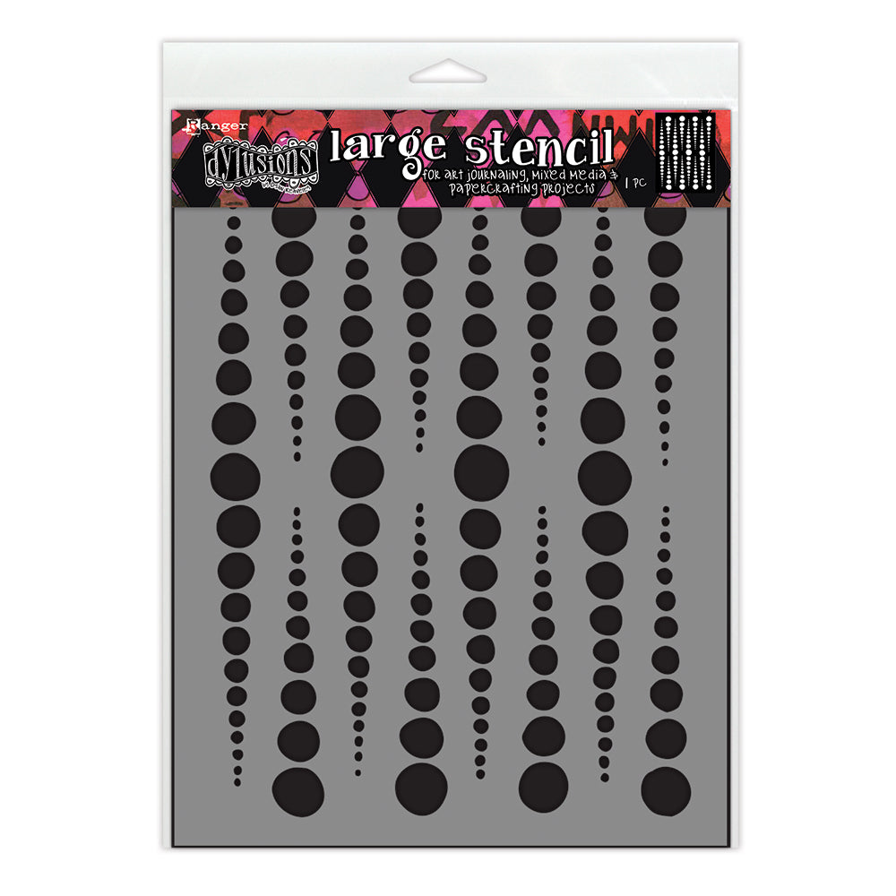 Scale Up - DYS95019 - Dyan Reaveley's Dylusions Large Stencil for creating art, doodling, tangling, and making patterns in mixed media, scrapbooking, journaling, junk-journals, planners, tags, cards, ATCs, index cards, memorydex cards, all kinds of collage decoupage and papercrafting enjoyment. Photo of the grey stencil with pink Dylusions banner, rows of black spots in varied sizes are the cutout design.
