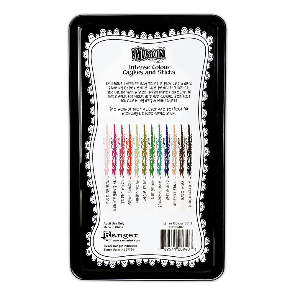 Dyan Reaveley's Dylusions Intense Watercolours - Caykes and Sticks - set no.2 has 12 (twelve) beautiful mixable blendable woodless watercolour pencils and paint pans in the shape of sticks. DYI89407 . Photo of the back of the tin showing the names of the colours with text and swatches.