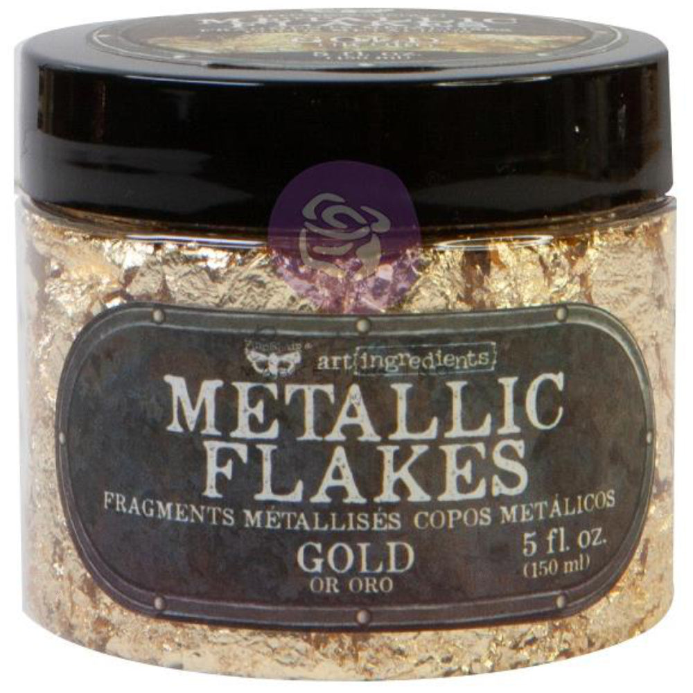 Metallic Flakes - Finnabair Art Ingredients by Prima Marketing ... fragments of metal foil leaf to add stunning effects and gilded finish to mixed media, sculpture, frames, home decor and visual arts. 150ml (5 fl oz) jar. Photo showing the jar of gold leaf.