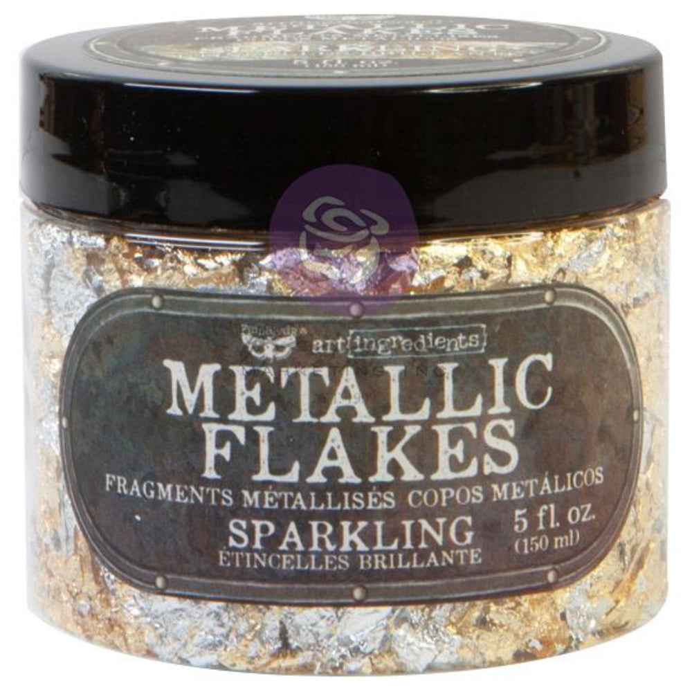 Metallic Flakes - Finnabair Art Ingredients by Prima Marketing ... fragments of metal foil leaf to add stunning effects and gilded finish to mixed media, sculpture, frames, home decor and visual arts. 150ml (5 fl oz) jar. Photo showing the jar of Sparkling Leaf.