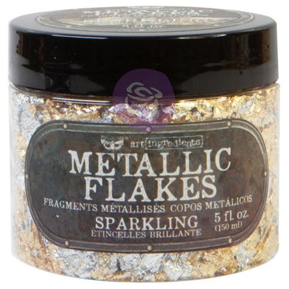 Metallic Flakes - Finnabair Art Ingredients by Prima Marketing ... fragments of metal foil leaf to add stunning effects and gilded finish to mixed media, sculpture, frames, home decor and visual arts. 150ml (5 fl oz) jar. Photo showing the jar of Sparkling Leaf.