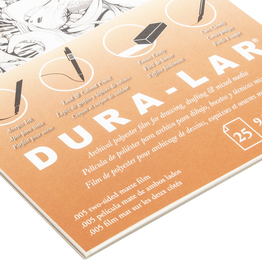 Dura-Lar Matte Film - by Grafix ... Archival polyester .005" film with a matte translucent drawing surface on both sides. Ideal for stamping, stenciling, cutting, layering, drawing, drafting and enjoying while creating cards, junk journals, scrapbooking, art journaling, all kinds of mixed media. Smooth semi-transparent (cloudy white) pad of 25 (twenty five) sheets, two-sided, .005 thickness, 9"x12" (22.8cm x 30.5cm) in size.