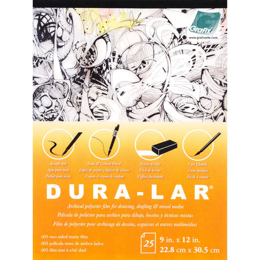 Dura-Lar Matte Film - by Grafix ... Archival polyester .005" film with a matte translucent drawing surface on both sides. Ideal for stamping, stenciling, cutting, layering, drawing, drafting and enjoying while creating cards, junk journals, scrapbooking, art journaling, all kinds of mixed media. Smooth semi-transparent (cloudy white) pad of 25 (twenty five) sheets, two-sided, .005 thickness, 9"x12" (22.8cm x 30.5cm) in size.