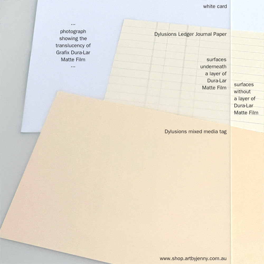 Dura-Lar Matte Film - by Grafix ... Archival polyester .005" film with a matte translucent drawing surface on both sides. Ideal for stamping, stenciling, cutting, layering, drawing, drafting and enjoying while creating cards, junk journals, scrapbooking, art journaling, all kinds of mixed media. Smooth semi-transparent (cloudy white) pad of 25 (twenty five) sheets, two-sided, .005 thickness, 9"x12" (22.8cm x 30.5cm) in size.