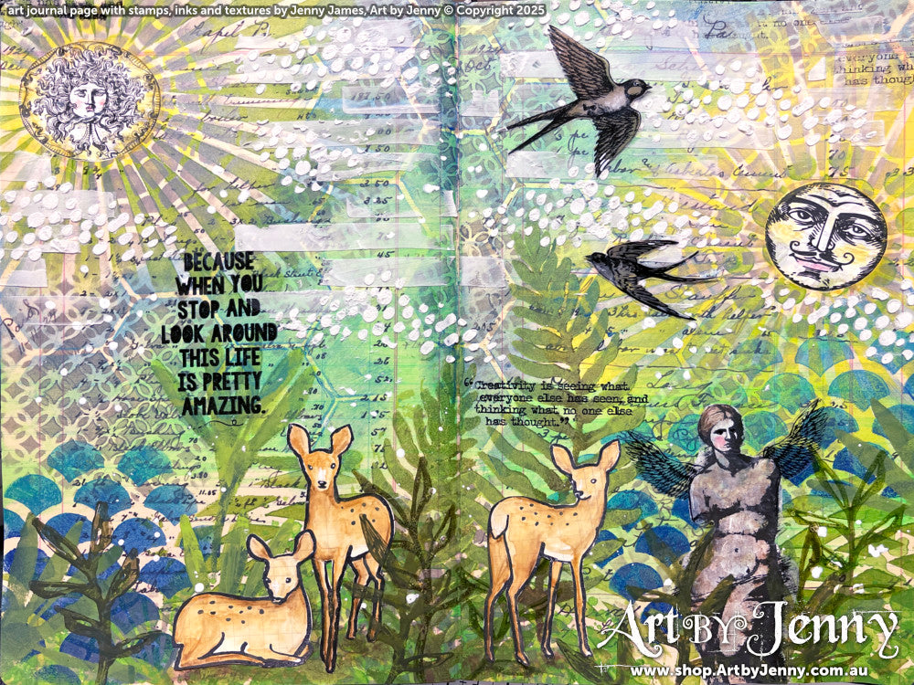 Art by Jenny James inside the Dina Wakley MEdia Ledger Journal, using texture paste, collage tissue, stamps, acrylic and shimmer paints, Distress pencils and more.
