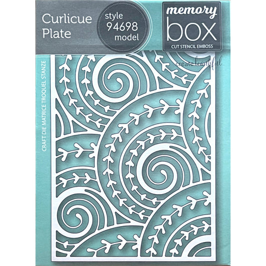 Curlicue Plate - Die Cutting Template by Memory Box (no. MB94698). Spirals and arrows curling and overlapping. Design size 4" x 5 1/4" (10.2cm x 13.3cm). 1 (one) template.  This gorgeous design features overlapping spirals of curls and arrows in fine lines, perfect for layering and adding dimension for cards, scrapbook pages, journaling, mixed media of all kinds.