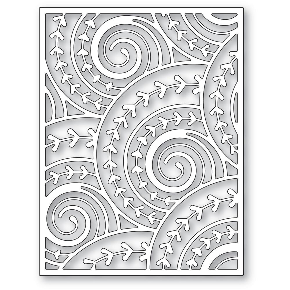 Curlicue Plate - Die Cutting Template by Memory Box (no. MB94698). Spirals and arrows curling and overlapping. Design size 4" x 5 1/4" (10.2cm x 13.3cm). 1 (one) template. This gorgeous design features overlapping spirals of curls and arrows in fine lines, perfect for layering and adding dimension for cards, scrapbook pages, journaling, mixed media of all kinds. Image of the design.