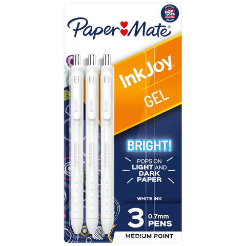 White - InkJoy Bright! Gel Pen - by Paper Mate - Vibrant opaque ink for dark and light porous surfaces. Pack of 3 (three) white retractable pens with white ink, each with a medium 0.7mm ballpoint nib. A joy to use! Ideal for card making, papercrafts, all kinds of diaries, memory books and bullet journals, scrapbooking and every day arty ideas like note taking, doodling, tangling, drawing, writing shopping lists on black paper (because why not) and other arty occasions.