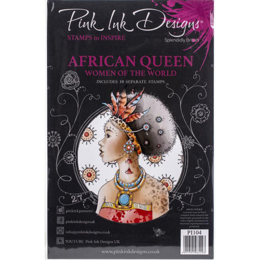 African Queen (Women of the World)- by Pink Ink Designs (Pi104) ... Set of 10 (ten) clear cling stamps to use in papercrafts, scrapbooking, cardmaking, textile arts and other crafty projects. 
This set of stamps features a beautiful sideview head and shoulders portrait of a woman with feathered headdress, necklace, earings. She looks stunning, strong and brave! Other amazing stamps in this set are a feather, sun, gecko (lizard), leopard, leopard print, abstract patterns.