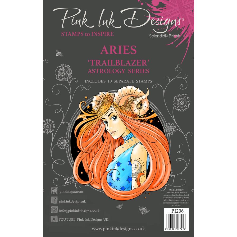 Aries 'Trailblazer' (Astrology Series) - by Pink Ink Designs (Pi206) ... Set of 10 (ten) clear cling stamps to use in papercrafts, scrapbooking, cardmaking, textile arts and other crafty projects. 
This beautiful set of stamps features a kind looking portrait of a woman with spiral horns, a little silhouette of a ram (sheep with horns), various delicate images inspired by our galaxy plus the word 'Aries' and a quote - be the kind of leader you would follow.