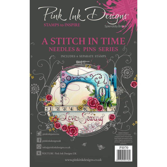 A Stitch in Time (Needles and Pins series) - by Pink Ink Designs (Pi070) ... Set of 6 (six) clear cling stamps to use in papercrafts, scrapbooking, cardmaking, textile arts and other crafty projects. This beautiful set of stamps features a gorgeous large old fashioned sewing machine with handwheel, spool of thread and sitting on a ruler table covered in flowers, together with flowers, a spare spool of thread, and words 'love sewing' in a wonderful outlined script.