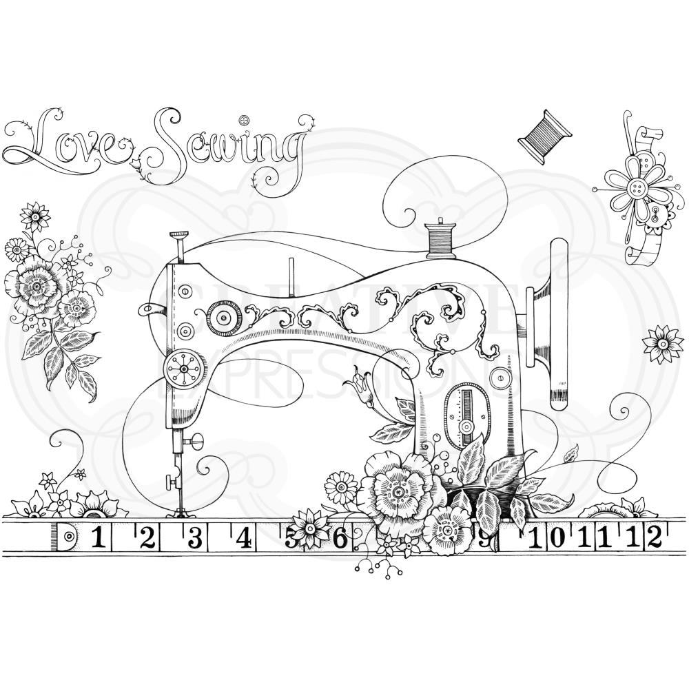 A Stitch in Time (Needles and Pins series) - by Pink Ink Designs (Pi070) ... Set of 6 (six) clear cling stamps to use in papercrafts, scrapbooking, cardmaking, textile arts and other crafty projects. This beautiful set of stamps features a gorgeous large old fashioned sewing machine with handwheel, spool of thread and sitting on a ruler table covered in flowers, together with flowers, a spare spool of thread, and words 'love sewing' in a wonderful outlined script.