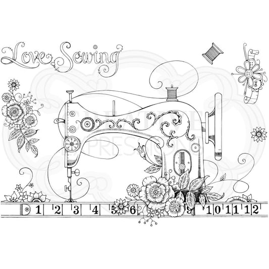 A Stitch in Time (Needles and Pins series) - by Pink Ink Designs (Pi070) ... Set of 6 (six) clear cling stamps to use in papercrafts, scrapbooking, cardmaking, textile arts and other crafty projects. This beautiful set of stamps features a gorgeous large old fashioned sewing machine with handwheel, spool of thread and sitting on a ruler table covered in flowers, together with flowers, a spare spool of thread, and words 'love sewing' in a wonderful outlined script.