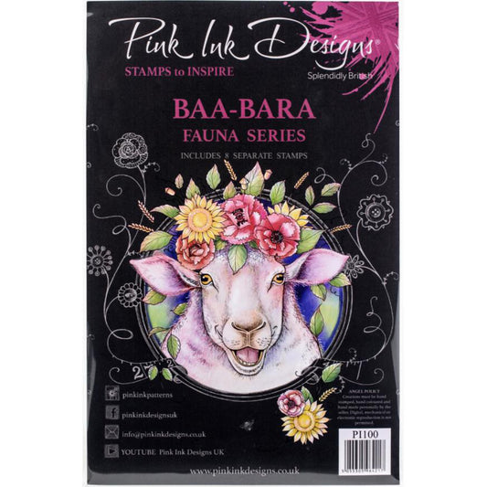 Baa-Bara (fauna series) - by Pink Ink Designs (Pi100) ... Set of 8 (eight) clear cling stamps to use in papercrafts, scrapbooking, cardmaking, textile arts and other crafty projects. 
This set of stamps features a beautiful happy sheep portrait (head and shoulders) with gorgeous flowers and foliage on her head along with a little single flower, couple of leafy sprigs and words - flock!, I forgot, It's Your Birthday, Sheep Happens.