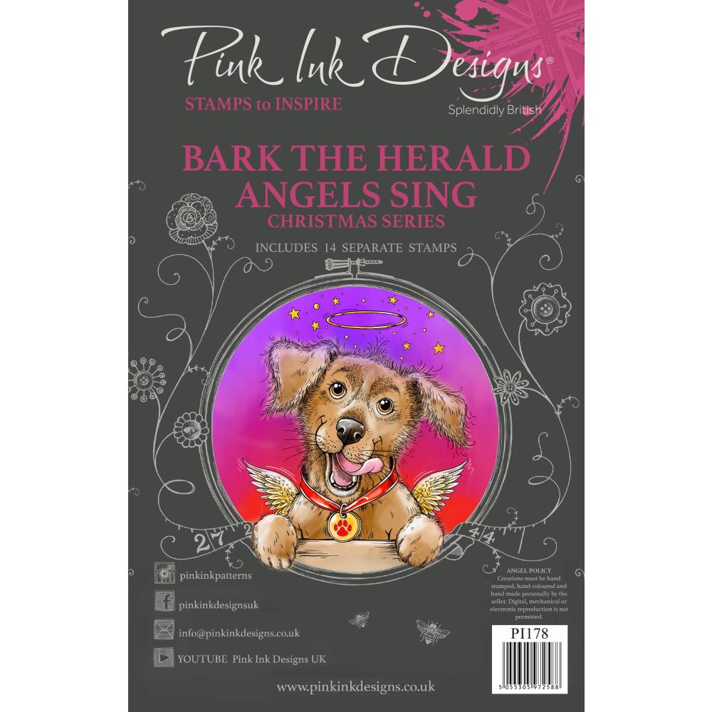 Bark the Herald Angels Sing (Christmas series) - by Pink Ink Designs (Pi178) ... Set of 14 (fourteen) clear cling stamps to use in papercrafts, scrapbooking, cardmaking, textile arts and other crafty projects. 
This beautiful set of stamps features a most adorable dog with happy tongue hanging out grin together with wings, paw print, stars, halo with ring of stars, icons for the dog's collar medallion (star, heart, holly, paw), and words