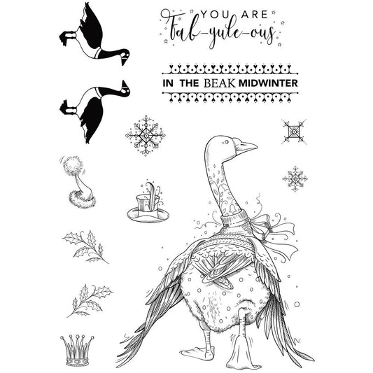 In The Beak MidWinter - by Pink Ink Designs (Pi182) ... Set of 13 clear cling stamps to use in papercrafts, scrapbooking, cardmaking, textile arts and other crafty projects. A wonderful festive set which is perfect for Winter, birthdays or Christmas. This goose walking towards something with all the other stamps are sure to make you smile!