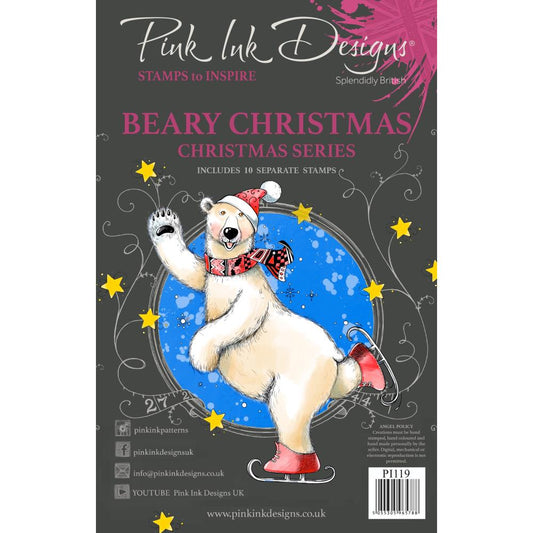Beary Christmas - by Pink Ink Designs (Pi119, Christmas series) ... Set of 10 (ten) clear cling stamps to use in papercrafts, scrapbooking, cardmaking, textile arts and other crafty projects. 
This set of stamps features a gorgeous large polar bear ice skating while waving and wearing Winter woolies (scarf, beanie). He/she has a little decorated pine tree (Christmas tree with baubles in a pot), 3 snowflakes, two splashes, a star, an ornamental strip (a pretty stick) and messages.