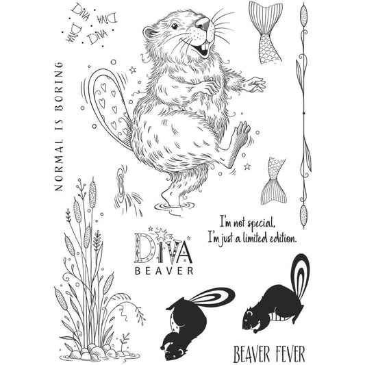 Beaver Fever (fauna series) - by Pink Ink Designs (Pi256) ... Set of 13 (thirteen) clear cling stamps to use in papercrafts, scrapbooking, cardmaking, textile arts and other crafty projects. 
This beautiful set of stamps features a happy beaver walking (strutting, dancing) along with mini-me silhouette beavers (facing sideways in opposite directions), fish tails, tall pond grasses, pond grass divider, a splash, and various sayings