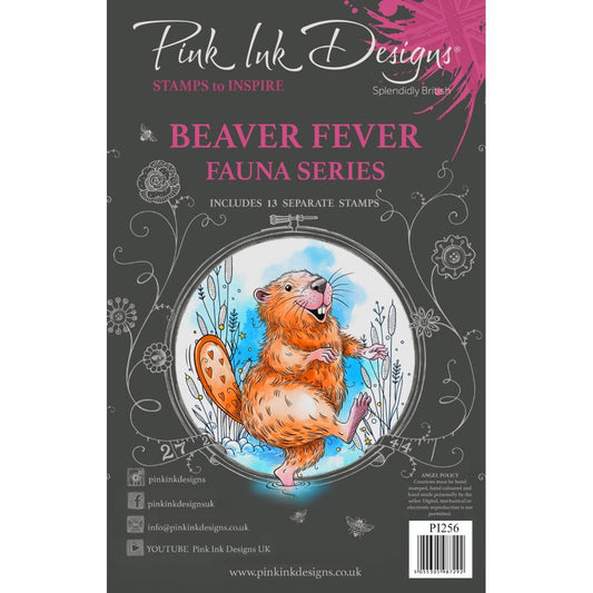 Beaver Fever (fauna series) - by Pink Ink Designs (Pi256) ... Set of 13 (thirteen) clear cling stamps to use in papercrafts, scrapbooking, cardmaking, textile arts and other crafty projects. 
This beautiful set of stamps features a happy beaver walking (strutting, dancing) along with mini-me silhouette beavers (facing sideways in opposite directions), fish tails, tall pond grasses, pond grass divider, a splash, and various sayings