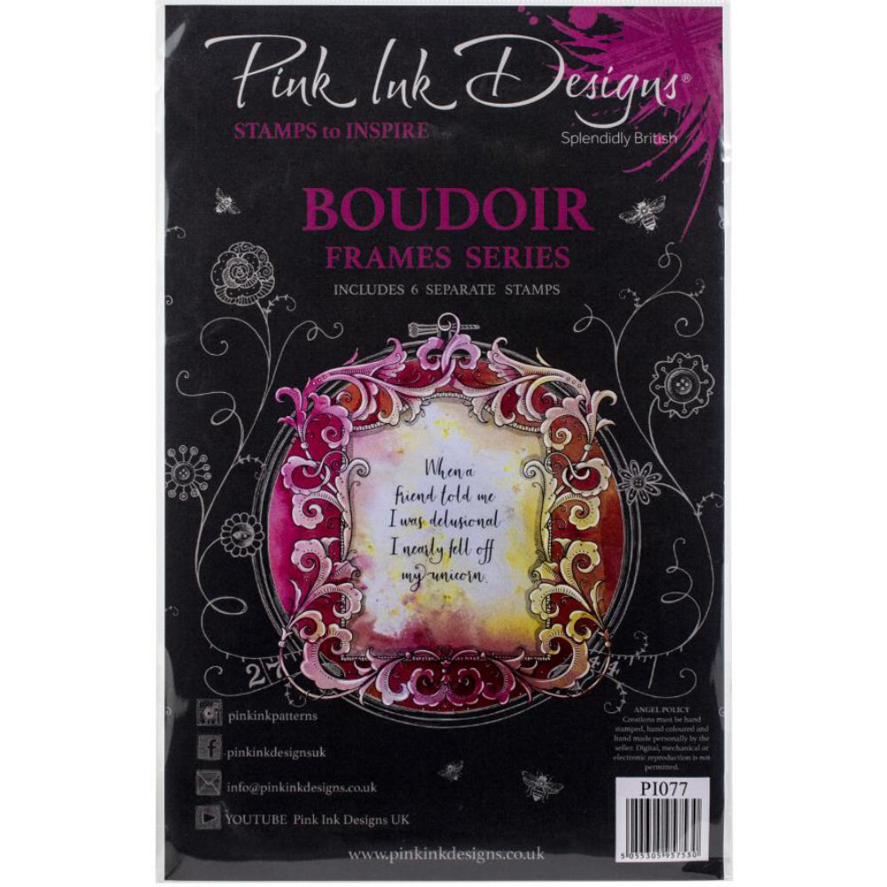 Boudoir (frames series) - by Pink Ink Designs (Pi077) ... Set of 6 (six) clear cling stamps to use in papercrafts, scrapbooking, cardmaking, textile arts and other crafty projects.
This beautiful set of stamps features a large square frame detailed with ornate flourishes, flowers, foliage and scrolls, together with a small swag of similar design, two delicate flowers, a short divider and quote in handwritten style script .