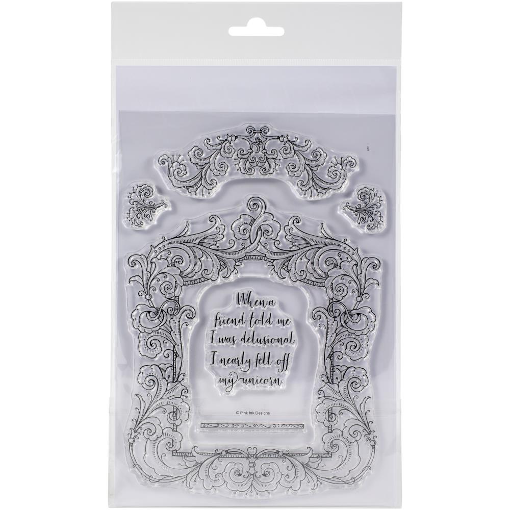 Boudoir (frames series) - by Pink Ink Designs (Pi077) ... Set of 6 (six) clear cling stamps to use in papercrafts, scrapbooking, cardmaking, textile arts and other crafty projects. 
This beautiful set of stamps features a large square frame detailed with ornate flourishes, flowers, foliage and scrolls, together with a small swag of similar design, two delicate flowers, a short divider and quote in handwritten style script .