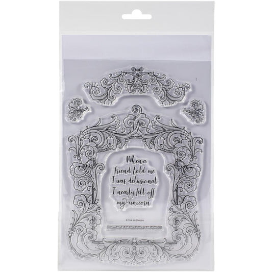 Boudoir (frames series) - by Pink Ink Designs (Pi077) ... Set of 6 (six) clear cling stamps to use in papercrafts, scrapbooking, cardmaking, textile arts and other crafty projects. 
This beautiful set of stamps features a large square frame detailed with ornate flourishes, flowers, foliage and scrolls, together with a small swag of similar design, two delicate flowers, a short divider and quote in handwritten style script .