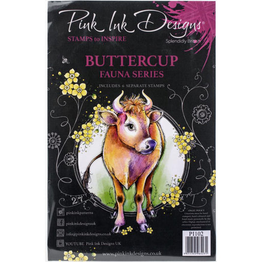 Buttercup (fauna series) - by Pink Ink Designs (Pi102) ... Set of 6 (six) clear cling stamps to use in papercrafts, scrapbooking, cardmaking, textile arts and other crafty projects. 
This beautiful set of stamps features a wonderful cow (with horns so maybe a bull) standing facing forwards (towards you the artist), along with floral elements and a saying - oh bullocks.