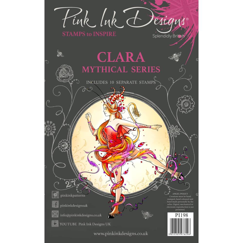 Clara (mythical series) - by Pink Ink Designs (Pi198) ... Set of 10 (ten) clear cling stamps to use in papercrafts, scrapbooking, cardmaking, textile arts and other crafty projects. 
This wonderful set of stamps features a tall fairy or elf with hooved feet, beautiful wings, stripy spiralled horns and swishy tail together with leafy designs, squiggles and wisdom - dance is the hidden language of the soul.