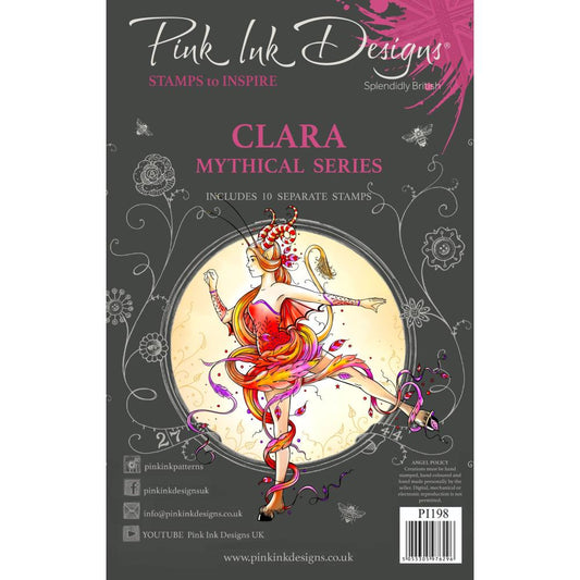 Clara (mythical series) - by Pink Ink Designs (Pi198) ... Set of 10 (ten) clear cling stamps to use in papercrafts, scrapbooking, cardmaking, textile arts and other crafty projects. 
This wonderful set of stamps features a tall fairy or elf with hooved feet, beautiful wings, stripy spiralled horns and swishy tail together with leafy designs, squiggles and wisdom - dance is the hidden language of the soul.
