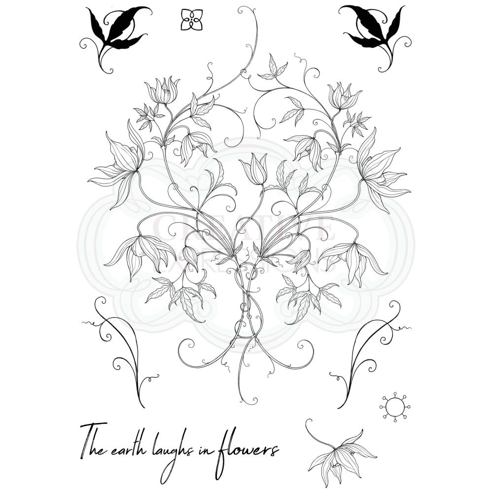 Classic Clematis (floral series) - by Pink Ink Designs (Pi097) ... Set of 9 (nine) clear cling stamps to use in papercrafts, scrapbooking, cardmaking, textile arts and other crafty projects. 
This beautiful set of stamps features a large delicate clematis bush or shrubbery with loose leaves and flowers plus a quote in handwritten elongated script - the Earthy laughs in flowers.
