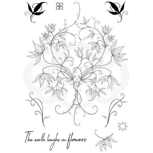 Classic Clematis (floral series) - by Pink Ink Designs (Pi097) ... Set of 9 (nine) clear cling stamps to use in papercrafts, scrapbooking, cardmaking, textile arts and other crafty projects. 
This beautiful set of stamps features a large delicate clematis bush or shrubbery with loose leaves and flowers plus a quote in handwritten elongated script - the Earthy laughs in flowers.