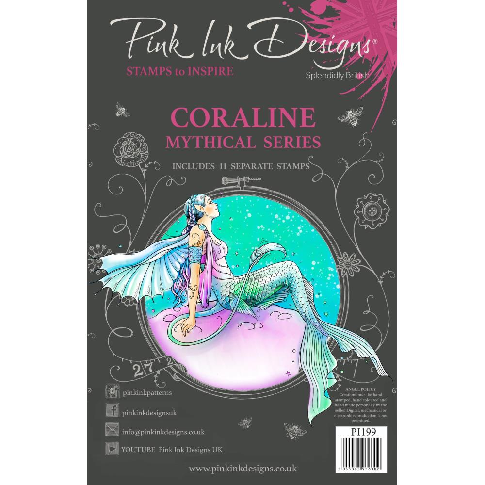 Coraline (mythical series) - by Pink Ink Designs (Pi199) ... Set of 11 (eleven) clear cling stamps to use in papercrafts, scrapbooking, cardmaking, textile arts and other crafty projects. 
This beautiful set of stamps features a mermaid resting on a curved surface (rock, hill, sandhill, wave). The mermaid has wings, braided hair and a long tail as well as her fishtail. She has fish friends and a swimming penguin along with spare wing, coral garden, patterned pieces and two messages