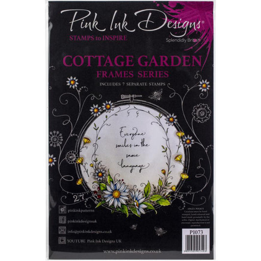 Country Garden - by Pink Ink Designs (Pi073) ... Set of 9 (nine) clear cling stamps to use in papercrafts, scrapbooking, cardmaking, textile arts and other crafty projects. 
This beautiful set of stamps features daisies (flowers) in an oval frame and a corner piece along with other delicate flowers and a phrase - everybody smiles in the same language - in a wonderful freestyle script.