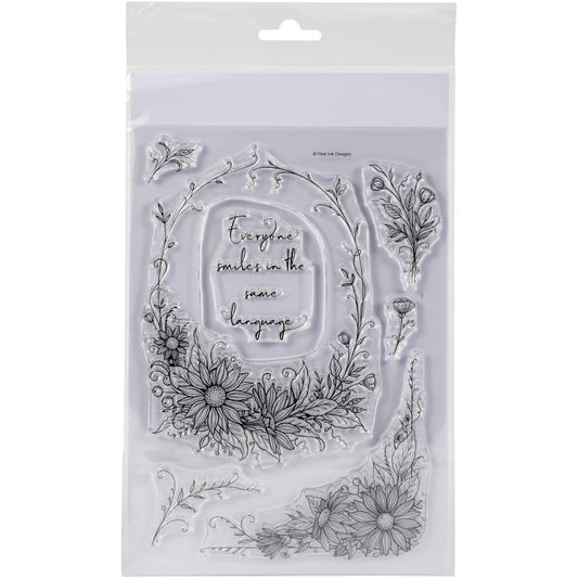 Country Garden - by Pink Ink Designs (Pi073) ... Set of 7 (seven) clear cling stamps to use in papercrafts, scrapbooking, cardmaking, textile arts and other crafty projects. 
This beautiful set of stamps features daisies (flowers) in an oval frame and a corner piece along with other delicate flowers and a phrase - everybody smiles in the same language - in a wonderful freestyle script.