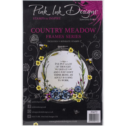 Country Meadow by Pink Ink Designs (Pi072) ... Set of 9 (nine) clear cling stamps to use in papercrafts, scrapbooking, cardmaking, textile arts and other crafty projects. 
This beautiful set of stamps features a pair of honey bees with a beautiful arched frame of flowers, wheat and leaves, a posy and other delicate flowers.