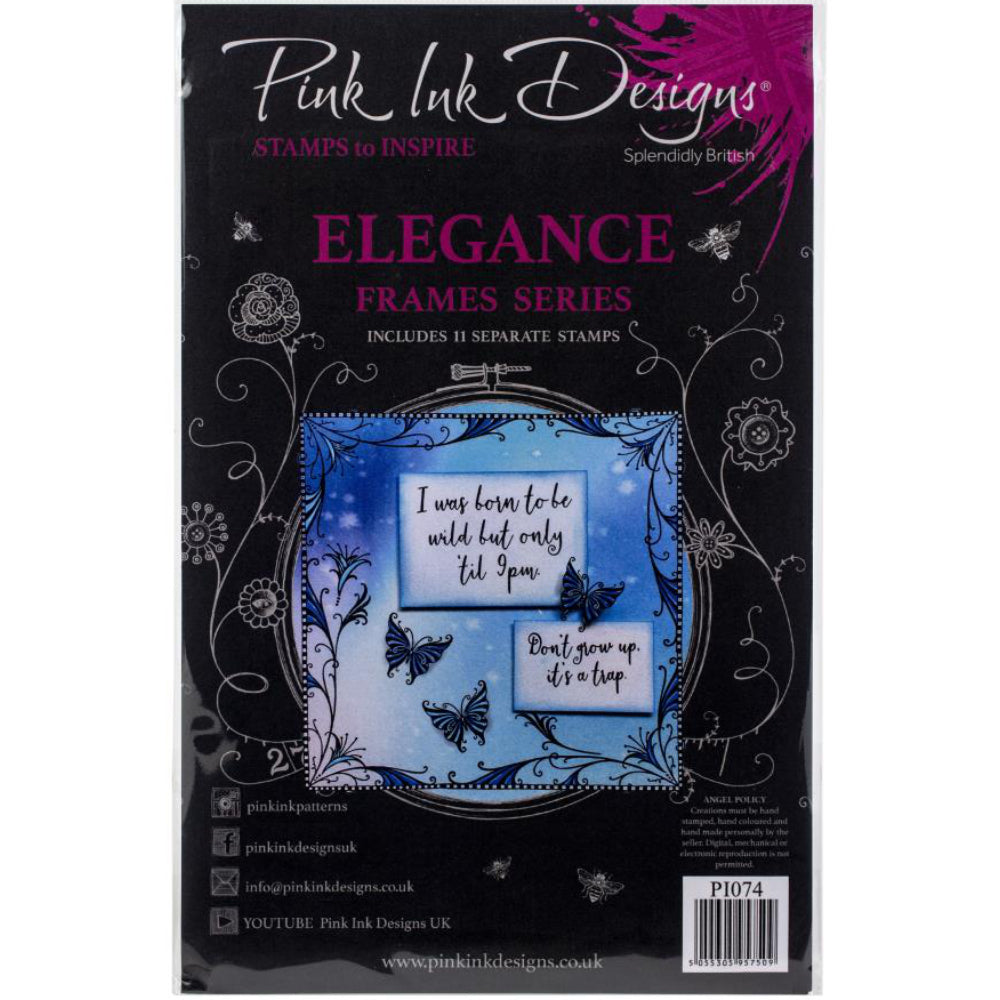 Elegance, Frames - by Pink Ink Designs (Pi074) ... Set of 11 (eleven) clear cling stamps to use in papercrafts, scrapbooking, cardmaking, textile arts and other crafty projects. 
This beautiful set of stamps features rectangle frame and corner pieces with delicate flourishes and foliage, along with butterflies, a banner and quotes. The sayings are : I was born to be wild but only til 9pm. Don't grow up, it's a trap..