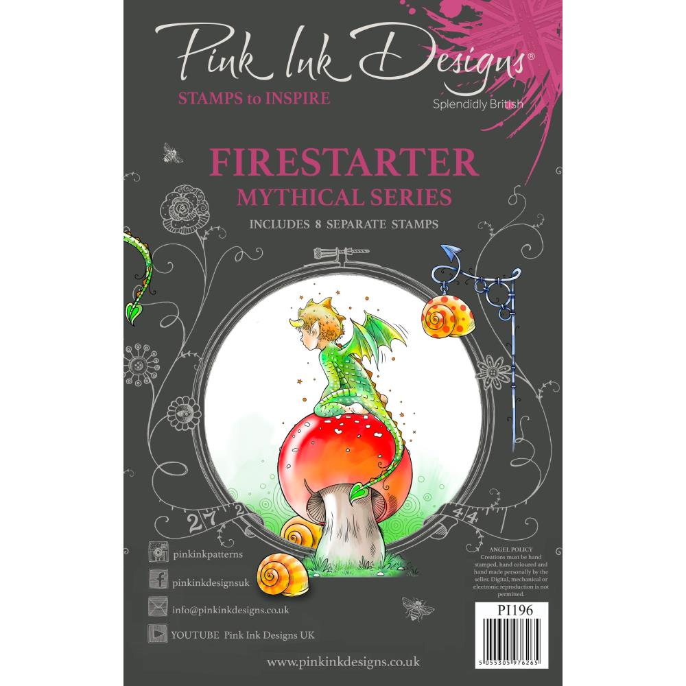 Firestarter - by Pink Ink Designs (Pi196) ... Set of 8 (eight) clear cling stamps to use in papercrafts, scrapbooking, cardmaking, textile arts and other crafty projects. 
This beautiful set of stamps features two young dragon-fairies with toadstool, texture patterns, a snailshell and other delightful designs.