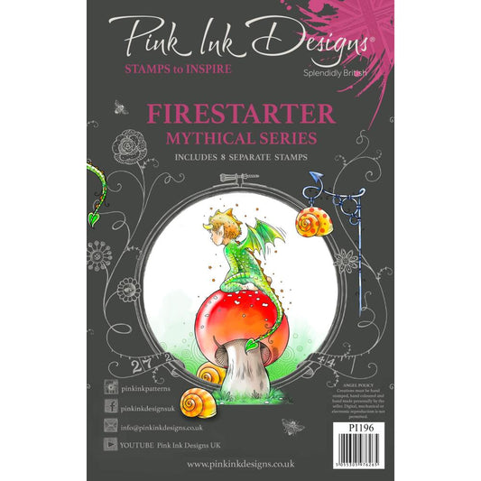Firestarter - by Pink Ink Designs (Pi196) ... Set of 8 (eight) clear cling stamps to use in papercrafts, scrapbooking, cardmaking, textile arts and other crafty projects. 
This beautiful set of stamps features two young dragon-fairies with toadstool, texture patterns, a snailshell and other delightful designs.