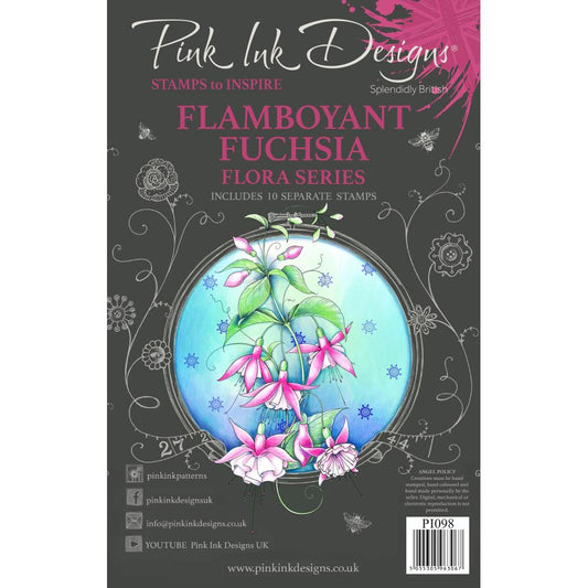 Flamboyant Fuchsia - by Pink Ink Designs (Pi098) ... Set of 10 clear cling stamps to use in papercrafts, scrapbooking, cardmaking, textile arts and other crafty projects. 
This beautiful set of stamps features floral designs of fuchsias with delicate extra pieces, leaves and a quote (let your dreams blossom) in a wonderful style.