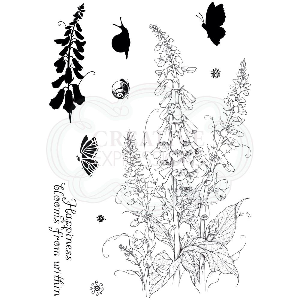 Flourishing Foxglove - by Pink Ink Designs (Pi095) ... Set of 10 clear cling stamps to use in papercrafts, scrapbooking, cardmaking, textile arts and other crafty projects. 
This beautiful set of stamps features tall foxglove flowers with leaves, one in outline and one in silhouette, with a snail, snail shell, butterflies, icons and phrase - happiness blooms from within - in a wonderful script.