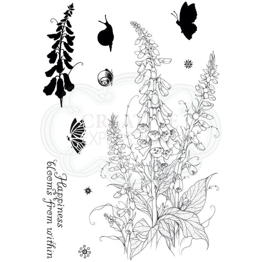Flourishing Foxglove - by Pink Ink Designs (Pi095) ... Set of 10 clear cling stamps to use in papercrafts, scrapbooking, cardmaking, textile arts and other crafty projects. 
This beautiful set of stamps features tall foxglove flowers with leaves, one in outline and one in silhouette, with a snail, snail shell, butterflies, icons and phrase - happiness blooms from within - in a wonderful script.