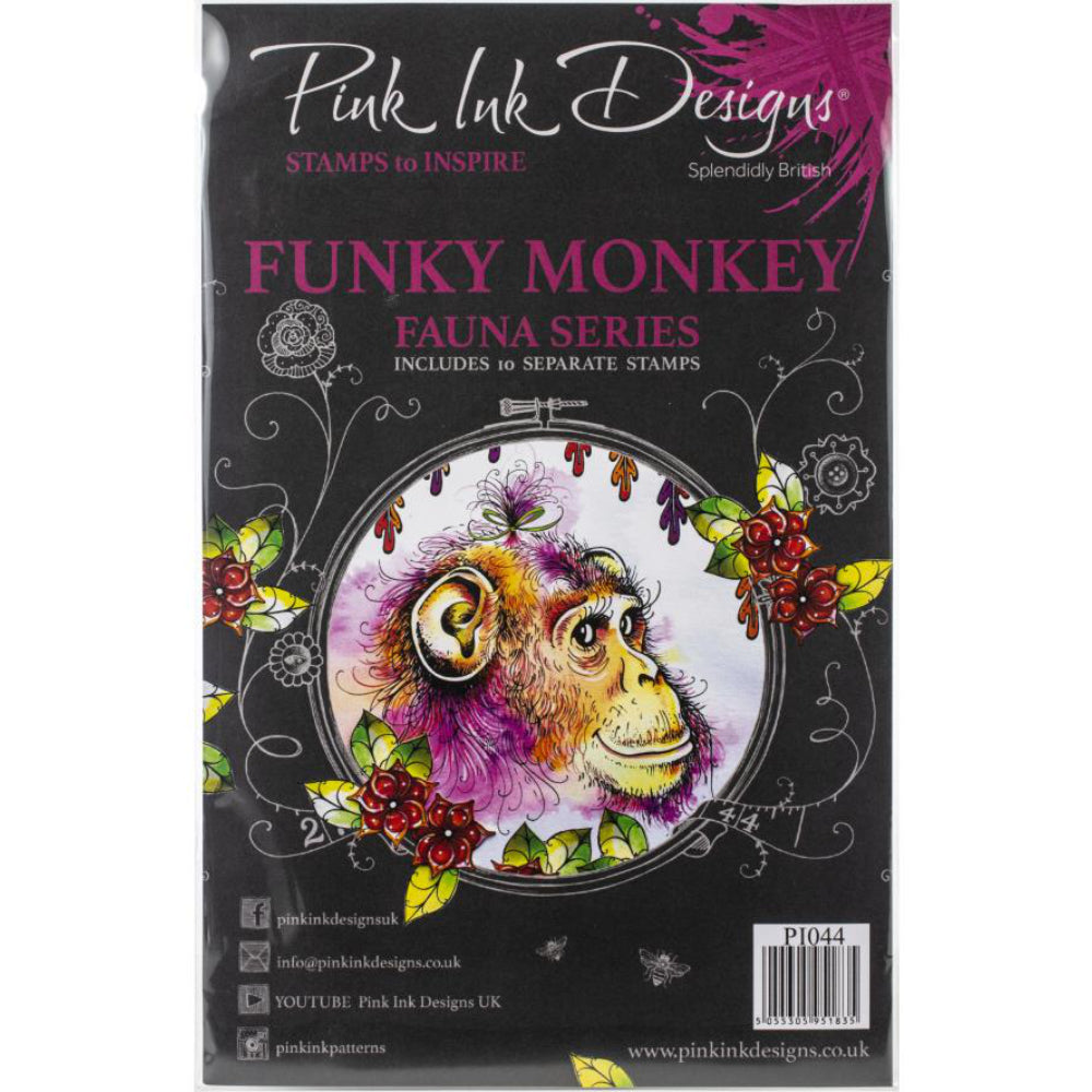 Funky Monkey - by Pink Ink Designs (Pi044) ... Set of 10 clear cling stamps to use in papercrafts, scrapbooking, cardmaking, textile arts and other crafty projects. Wonderful set of stamps features a friendly smiling chimp portrait with leaves, decorations and phrases in wonderful typestyles - just saying, happy birthday gorgeous, funky, monkey. These designs are perfect to make art for any occasion including birthdays, thank yous, hellos, sending hugs, Christmas, any time at all.