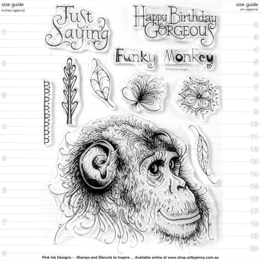 Funky Monkey - by Pink Ink Designs (Pi044) ... Set of 10 clear cling stamps to use in papercrafts, scrapbooking, cardmaking, textile arts and other crafty projects. Wonderful set of stamps features a friendly smiling chimp portrait with leaves, decorations and phrases in wonderful typestyles - just saying, happy birthday gorgeous, funky, monkey. These designs are perfect to make art for any occasion including birthdays, thank yous, hellos, sending hugs, Christmas, any time at all.