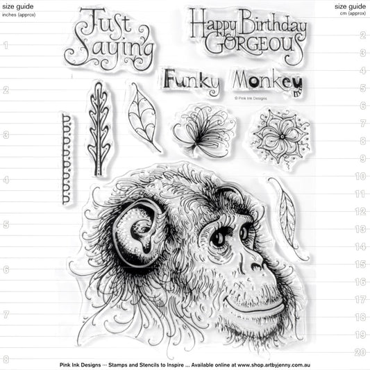 Funky Monkey - by Pink Ink Designs (Pi044) ... Set of 10 clear cling stamps to use in papercrafts, scrapbooking, cardmaking, textile arts and other crafty projects. Wonderful set of stamps features a friendly smiling chimp portrait with leaves, decorations and phrases in wonderful typestyles - just saying, happy birthday gorgeous, funky, monkey. These designs are perfect to make art for any occasion including birthdays, thank yous, hellos, sending hugs, Christmas, any time at all.